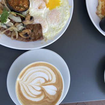 Poached Kitchen - Steak & eggs and an almond milk latte - Breakfast & Brunch Near Me - Irvine, California