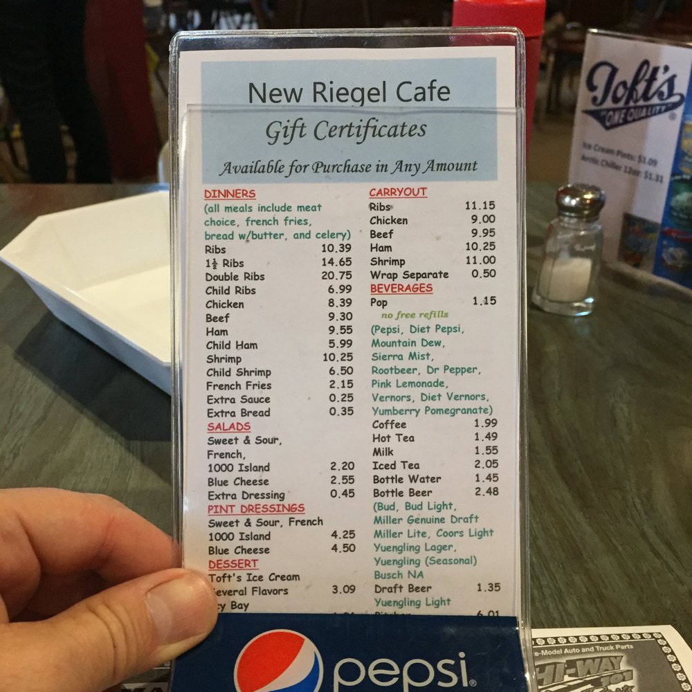New Riegel Cafe - Menu- Save 25 cents by not getting the fries with the ribs :-) - Cafes Near Me - New Riegel, Ohio New Riegel Cafe - Menu- Save 25 cents by not getting the fries with the ribs :-) - Cafes Near Me - New Riegel, Ohio