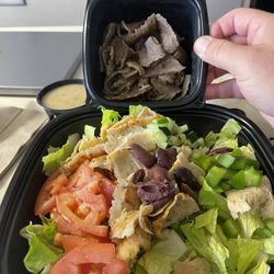 Greek Salad with Chicken Gyro, with side of Classic Gyro.