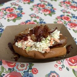 Downeast Dog House - Pineapple- teriyaki sausage with bacon and coleslaw slaw
