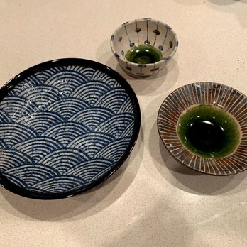 Tokiya Japan - Seigaiha: left bottom big plate, and two Oribes one for rice bowl on the top. - Arts & Crafts Near Me - Washington, DC, District of Columbia