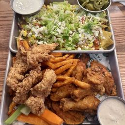 Chicken Tenders w/ Sweet Potato Fries, Wings (dry rub), and Beef Nachos