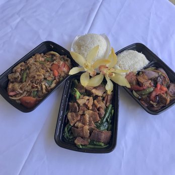 Orchid Thai - Pad See Ew (Thai Stir Fried Noodles) with chicken, Chinese Broccoli with Crispy Pork, Eggplant with Basil Leaves and Fried Tofu - Thai Near Me - Baldwin Park, California