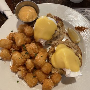 Bay Local Eatery - Crab Cake Benedict with Parmesan Tots - Breakfast & Brunch Near Me - Virginia Beach, Virginia Bay Local Eatery - Crab Cake Benedict with Parmesan Tots - Breakfast & Brunch Near Me - Virginia Beach, Virginia