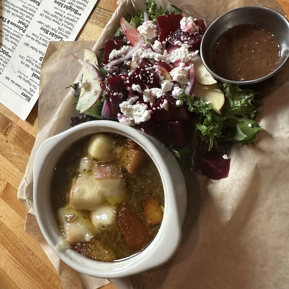 Good Measure Brewing - French onion soup and beet salad with Gorgonzola - Breweries Near Me - Northfield, Vermont Good Measure Brewing - French onion soup and beet salad with Gorgonzola - Breweries Near Me - Northfield, Vermont