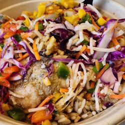 Downtown Kitchen - Delicious and incredibly tender boneless Jerk Chicken with rice and beans, jicama slaw, and mango salsa!