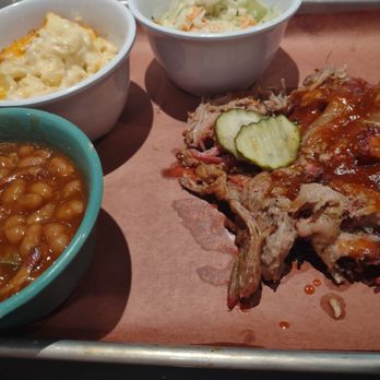 Jim 'N Nick's Bar-B-Q - BBQ pork dinner with baked beans and Mac and cheese, added an extra "trimming" of coleslaw. - Barbeque Near Me - Dothan, Alabama