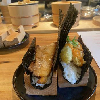 Gohan - Pork Kaukuni Hand Roll and Double Shrimp Tempura Spicy Hand Roll - Japanese Near Me - Honolulu, Hawaii