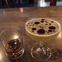 Be Good or Be Gone cocktail on the right. Bourbon on the left.