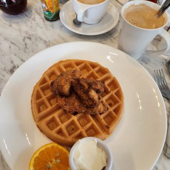Evviva Breakfast & Lunch - Chicken and waffles & maple latte on the side - Breakfast & Brunch Near Me - Vaughan, Ontario