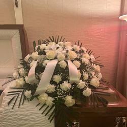 Roses Flowers - Casket spray with whites roses and carnations