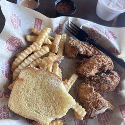 Chicken 6 Tenders, fries, toast.
