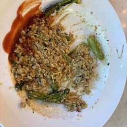 Salty hummus and huge stems left over in the hard to chew Winter Farro Bowl. Tossed it at this point