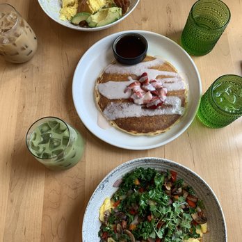 Good Kitchen + Market - Top to bottom: Avocado Bacon Bowl with Vanilla Latte, Strawberries and Creme Pancake, Veggie Bowl and Matcha Latte - Coffee & Tea Near Me - Marietta, Georgia