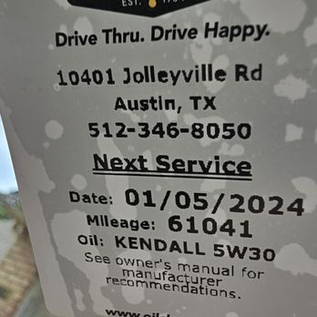 The Wash Shop - Oil Change sticker they forgot to give us initially. - Car Wash Near Me - Austin, Texas