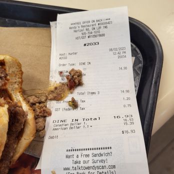 Wendy's - Burger and receipt - Burgers Near Me - St. Catharines, Ontario