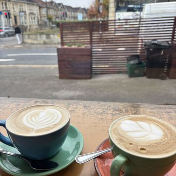 Rooted Cafe and Supper Rooms - Carmel oatmilk latte and pumpkin spice oatmilk latte - Vegan Near Me - Bath, BAS