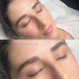 Before and after photos of microbladed brows and lip blush healed and done and both AMAZING work by Kristela