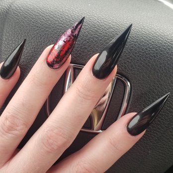 La La Nails - Pink & red foil on black nails for Valentine's Day - Nail Salons Near Me - Knoxville, Tennessee