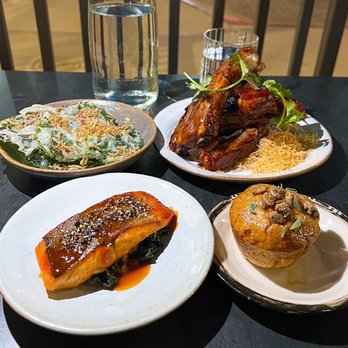 Bon Mot - Pork Ribs w/ banana gochujang, Sourdough focaccia, Roasted Ocean Trout, and Perilla Leaves w/ creamy potato, dates, candied anchovies - Korean Near Me - Cupertino, California