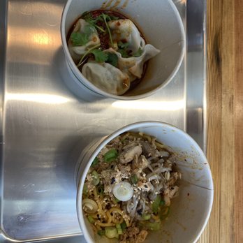The Dumpling Lady - Pork and chives dumpling with the shredded chicken noodles - Szechuan Near Me - Charlotte, North Carolina The Dumpling Lady - Pork and chives dumpling with the shredded chicken noodles - Szechuan Near Me - Charlotte, North Carolina