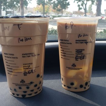 Bee & Tea - Back of large Lavender Therapy (LT) with egg pudding + honey boba and small Black Purist with the same toppings as LT - Bubble Tea Near Me - Montclair, California Bee & Tea - Back of large Lavender Therapy (LT) with egg pudding + honey boba and small Black Purist with the same toppings as LT - Bubble Tea Near Me - Montclair, California