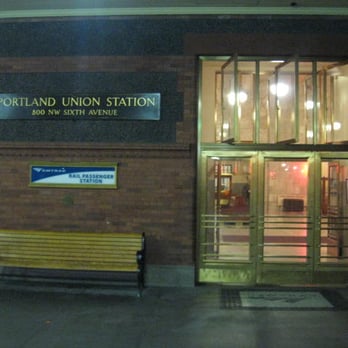 Amtrak - Signage, a bench, and some nice entry doors to Union Station's lobby. - Train Stations Near Me - Portland, Oregon Amtrak - Signage, a bench, and some nice entry doors to Union Station's lobby. - Train Stations Near Me - Portland, Oregon