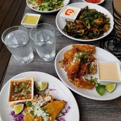 Cantina - Birria tacos aujus, wings, fried brussel sprouts, salad