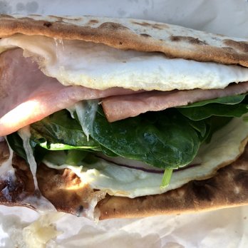 Subway - Breakfast Flatbread Sandwich with ham, egg white, Swiss Cheese, bell peppers, onion, spinach. Requested flat bread extra toasted. Yum! - Fast Food Near Me - Laredo, Texas Subway - Breakfast Flatbread Sandwich with ham, egg white, Swiss Cheese, bell peppers, onion, spinach. Requested flat bread extra toasted. Yum! - Fast Food Near Me - Laredo, Texas