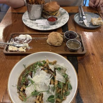Amber Ox Public House - Top to bottom: friend's AO burger, biscuit plate, and cavatelli. - American Near Me - Williamsburg, Virginia Amber Ox Public House - Top to bottom: friend's AO burger, biscuit plate, and cavatelli. - American Near Me - Williamsburg, Virginia