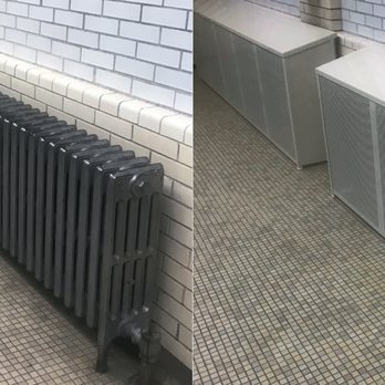 Barker Metalcraft - Two radiator covers in a school before and after installing custom radiator covers. - Metal Fabricators Near Me - Chicago, Illinois