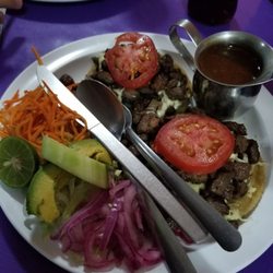 La Mexicana - Gorditas espaciales con carne. Came with a side of beans. Sooooo good. Be sure to pour the native Sinaloa jugo (silver cup) on top!