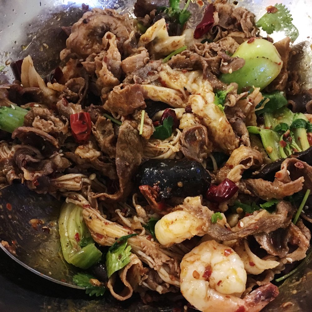 Five Spices House - Boston - Dry Mala Pot (sliced beef, pig intestines, shrimp, enoki mushrooms, black fungus, bok choy, and duck feet) - Szechuan Near Me - Boston, Massachusetts Five Spices House - Boston - Dry Mala Pot (sliced beef, pig intestines, shrimp, enoki mushrooms, black fungus, bok choy, and duck feet) - Szechuan Near Me - Boston, Massachusetts