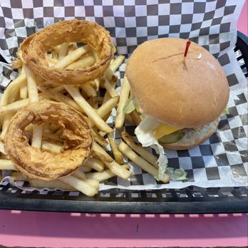 Angel's Dining Car - Cheeseburger w/ fries and onion rings - Southern Near Me - Palatka, Florida