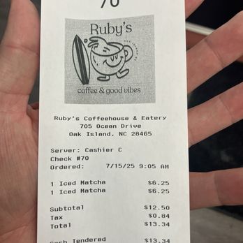 Ruby's Coffeehouse & Eatery - The receipt - Coffee & Tea Near Me - Oak Island, North Carolina