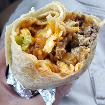 Fuego Habanero - Steak breakfast burrito (steak,egg,bean,potatoes,cheese,rice and bell peppers) lots of steak meat. 2 thumbs up - Food Trucks Near Me