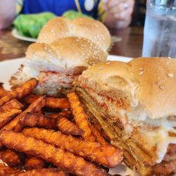 Darya's Cafe - Eggplant parm sandwich + sweet potato fries