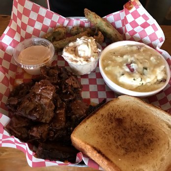 Whiskey Pig - Brisket, toast, mashed potatoes, Fried okra! {Now to be 1,000% honest... the fried Okra was not our favs... it was mushy & chewy} - Butcher Near Me - Kinston, North Carolina