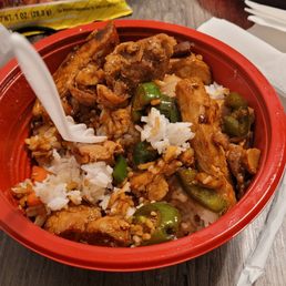 Jalapeno chicken over steamed rice. ( 2 eggrolls not shown) Total $7.08. They gave lots of meat. Worth it. Jalapeno chicken over steamed rice. ( 2 eggrolls not shown) Total $7.08. They gave lots of meat. Worth it.