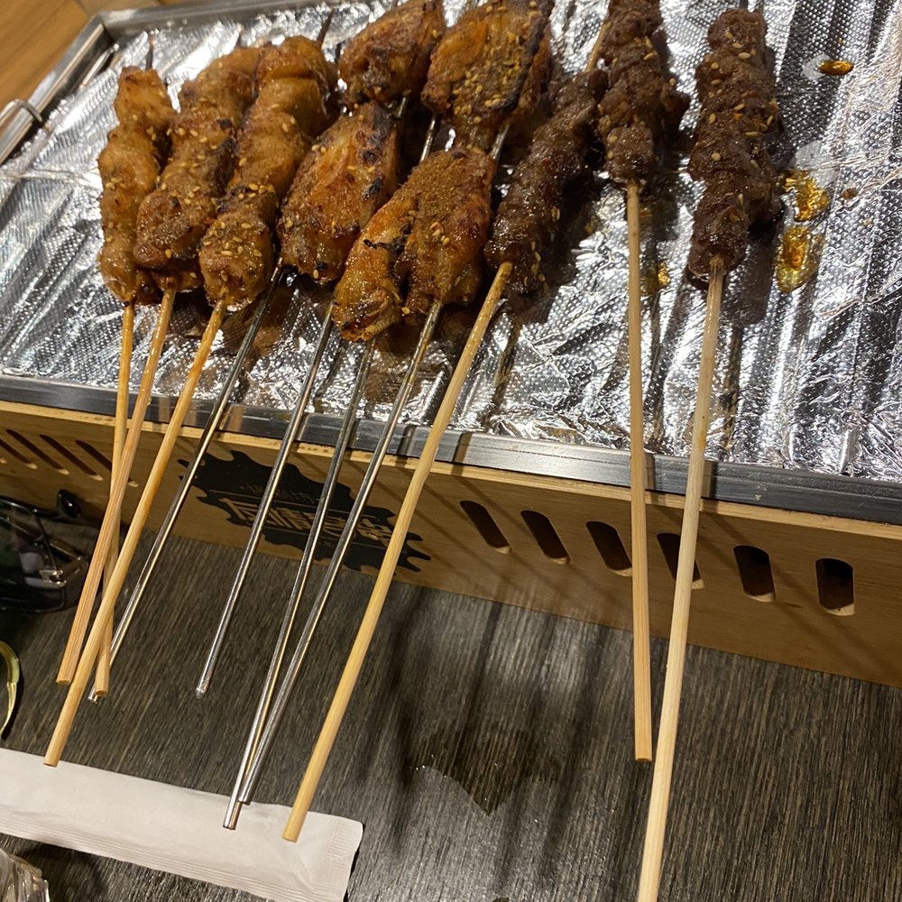 Friendship BBQ - Skewers!!!! Left to right chicken, chicken wing , Mongolian beef - Barbeque Near Me - Boston, Massachusetts