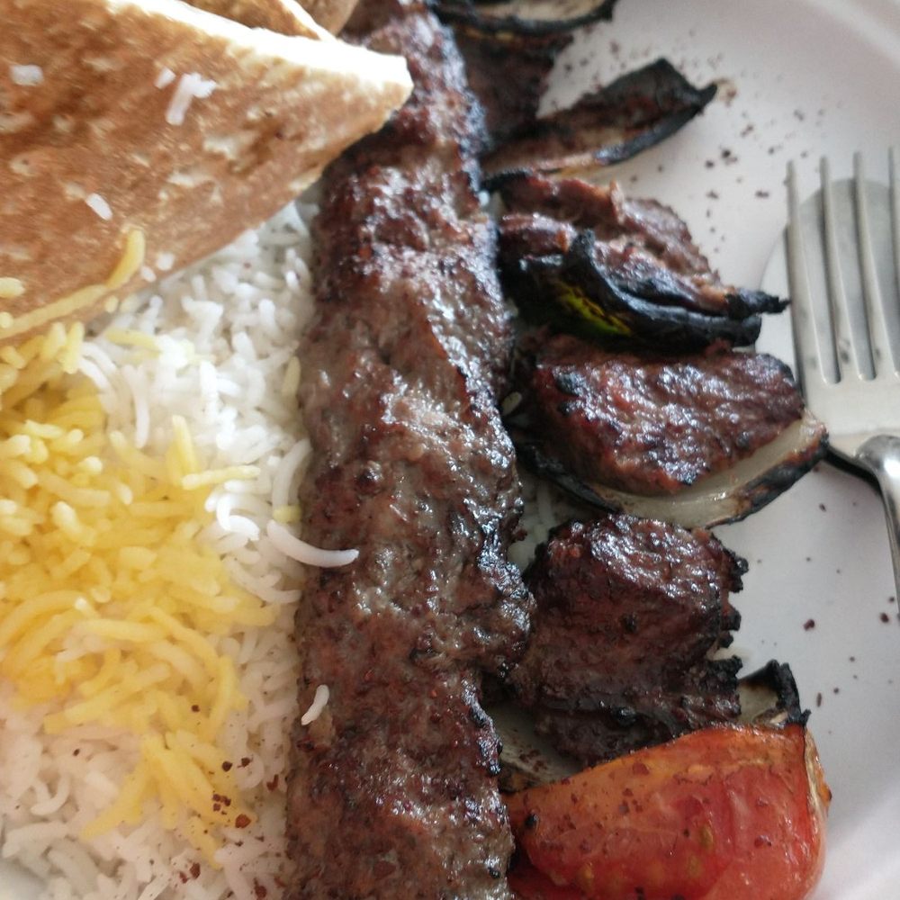 Darband Shishkabob - Number 12 - Darband Special - one ground beef and one beef steak kabobs with grilled tomatoes and bread - Persian/Iranian Near Me - Houston, Texas