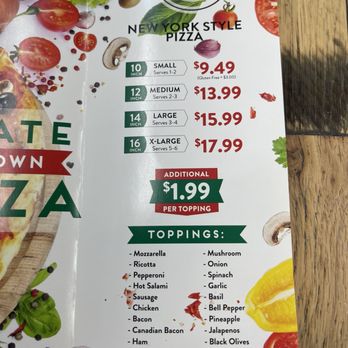 Eatalia Pizza - Back of paper menu pizza sizes prices and toppings - Italian Near Me - Anaheim, California Eatalia Pizza - Back of paper menu pizza sizes prices and toppings - Italian Near Me - Anaheim, California