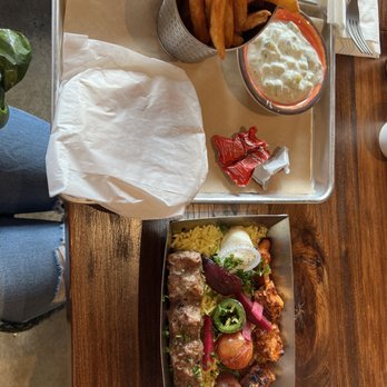 Mazra - Double Kebab Plate with fries and cucumber yogurt - Middle Eastern Near Me - San Bruno, California Mazra - Double Kebab Plate with fries and cucumber yogurt - Middle Eastern Near Me - San Bruno, California