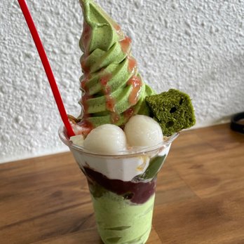Meccha Matcha - Meccha 8 parfait - matcha level 1 soft serve, red bean, matcha jelly, whipped cream, waffle crackers, mochi, strawberry sauce, matcha cake - Desserts Near Me - Artesia, California
