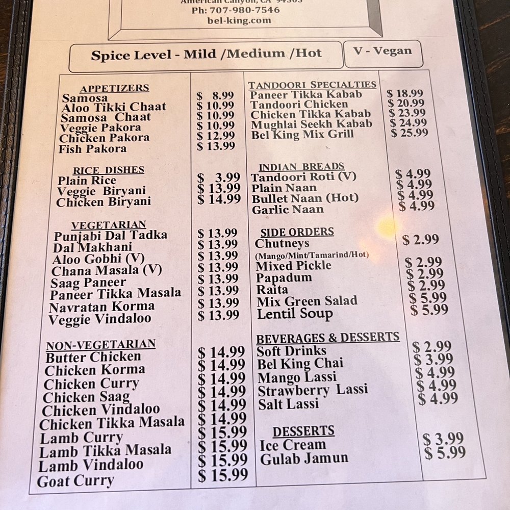 Bel King - The menu - Indian Near Me - American Canyon, California