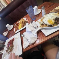 American Table Family Restaurant - Stuffed French Toast Platter and Farmers Skillet.