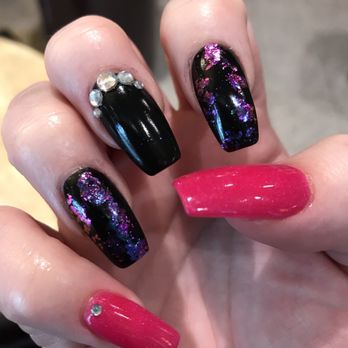 Upscale Spa and Nails - Pink and black dip with chameleon foil flakes - Nail Salons Near Me - Euless, Texas