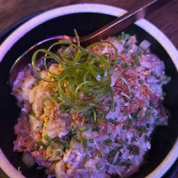 Waygu fried rice- waygu filet mignon, egg, asparagus, onion, crispy ginger and garlic, scallions