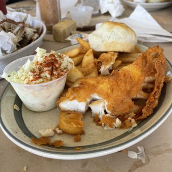 Sandgates Inn - Fried Rockfish with slaw, steak fries and that awesome biscuit - Seafood Near Me - Mechanicsville, Maryland