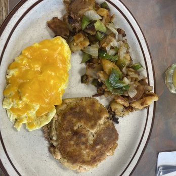 Gary's Restaurant - Salmon cake , scrambled eggs with cheese , home fries with onions and peppers - Breakfast & Brunch Near Me - Pleasantville, New Jersey